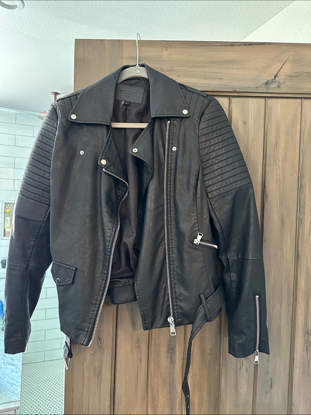 Black Quilted faux black Leather Moto Jacket by Comme USA